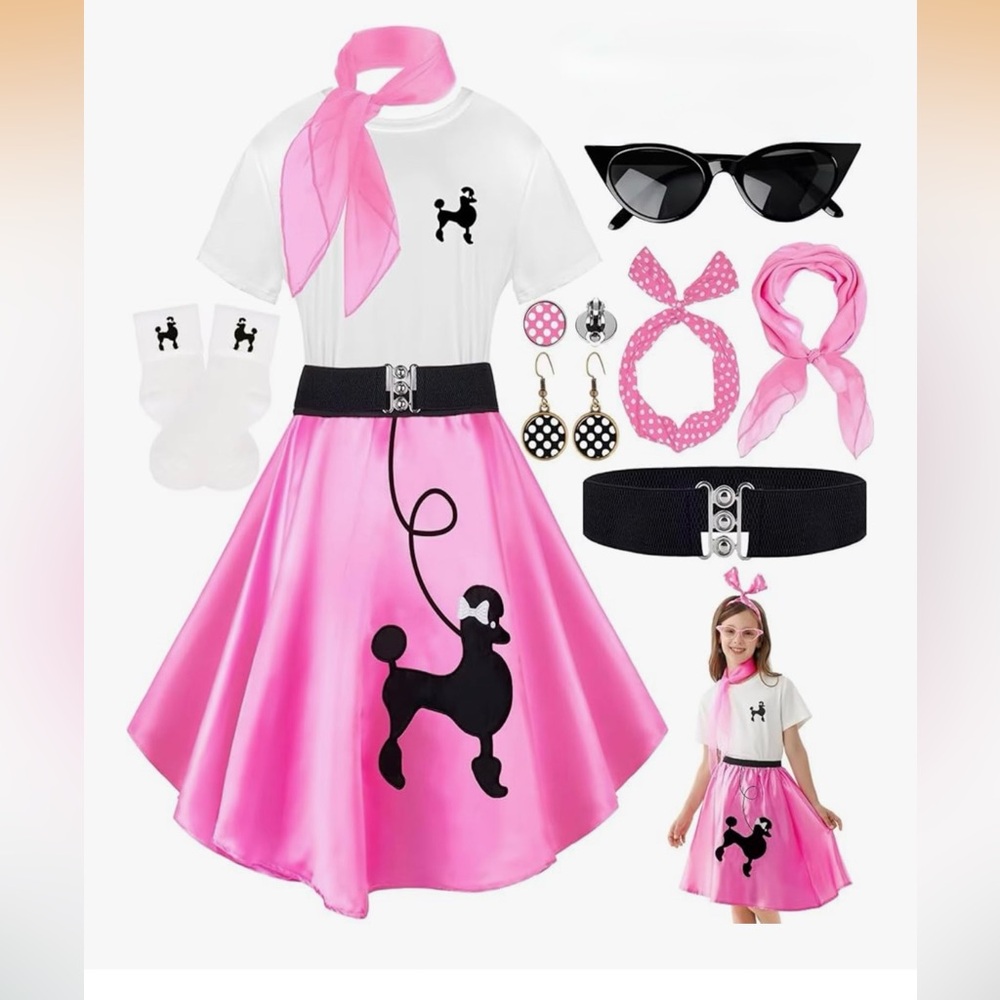 9 Pcs Sock Hop Outfits Girls 50s Costume Poodle Skirts T-Shirt 1950s Accessories